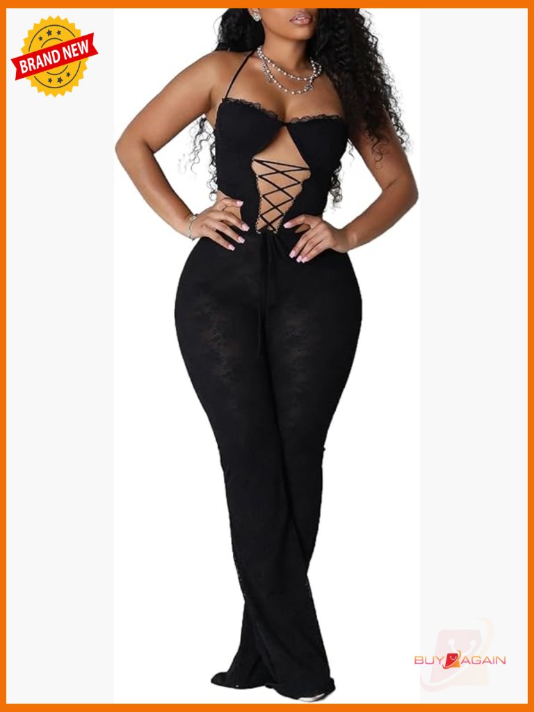 Sexy Lace Halter Jumpsuit Women Stretchy Club Romper Hollow Out Tie Back
